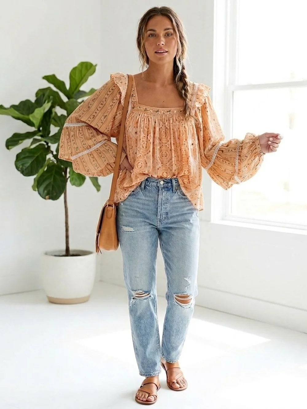 Free People Peach Square-Neck Blouson Top
